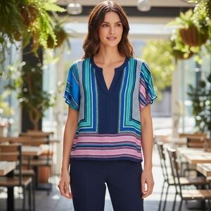 NWT Scarf Print Short-Sleeve Blouse by Fun 2 Fun navy pink teal satin Stitchfix